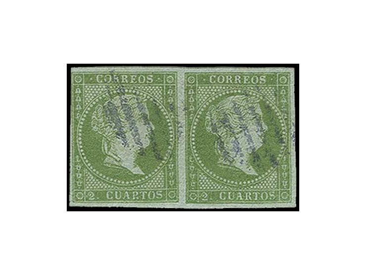 1855, Isabella 2 c. green, horizontal pair with good margins all round with blue grid cancel, fine, certificate Graus