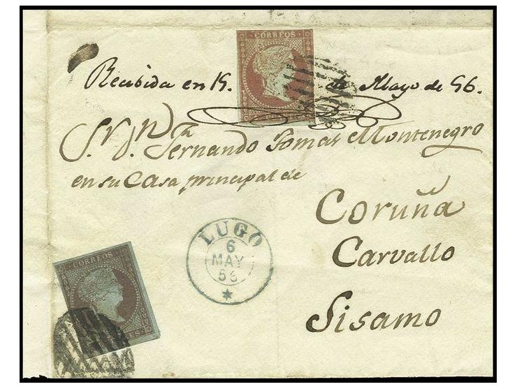 4 c. brownred and 2 r. brownviolet (both with imperfections) tied by grid cancel to registered cover from "LUGO 6 MAY 56" to 