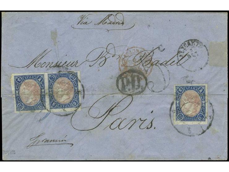 1865, 12 c. blue/rose, inverted border as horizontal pair with normal stamp on folded cover from Valencia (1865) via Madrid t