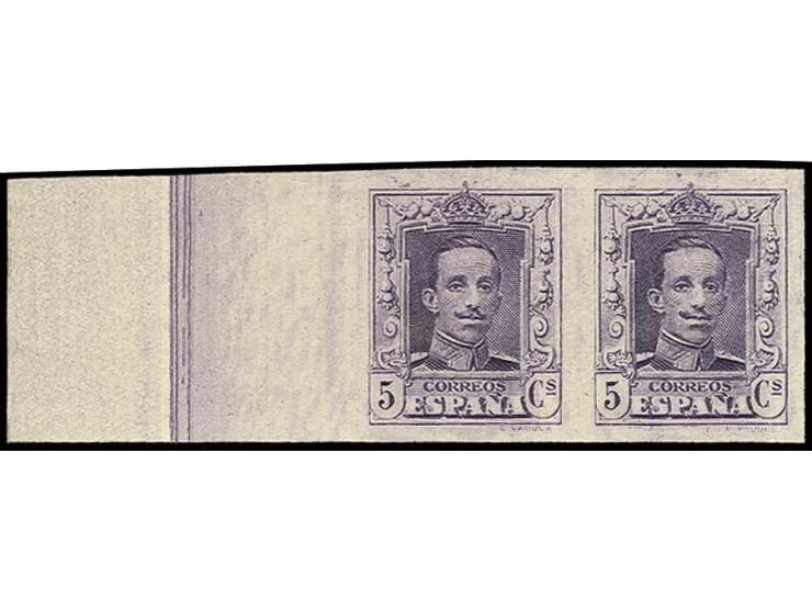 1922, Alfons XIII 5 c. lilac (colour like 20 c.), imperforated horizontal pair from the left sheet margin, unhinged mint, fin