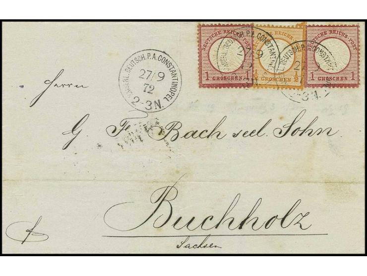Kleiner Schild ½ Groschen orange und 2 Werte Großer Schild 1 Groschen karmin mit klarem EKr. "KAISERL. DEUTSCH. P.A. CONSTANT