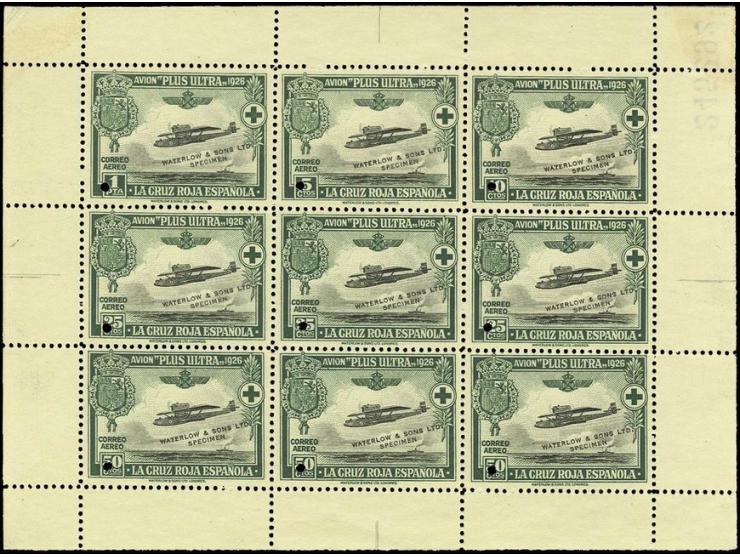 1926, Red Cross, miniature sheet of 9 stamps with 5c. - 1 pta. black/green, each stamp with small punch hole and overprint "W