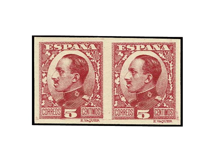 Alfons XIII 5 c. in unissued colour red, imperforated horizontal pair, unhinged mint, fine and rare, opinion Graus AIEP