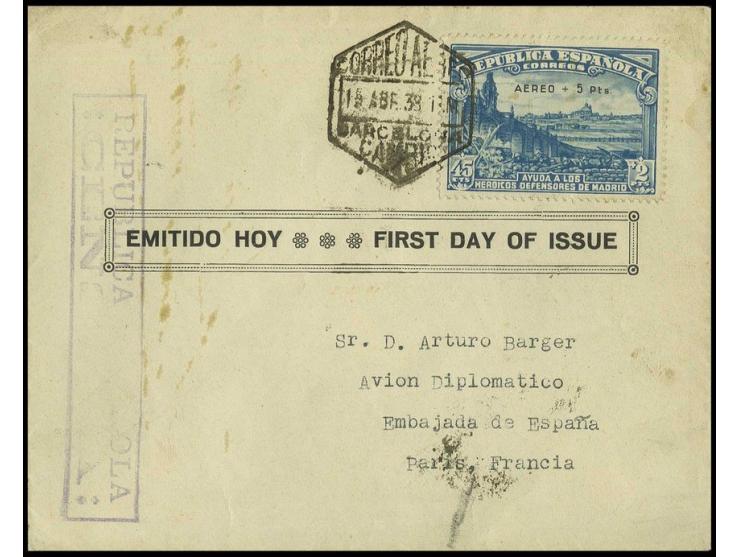 ditto, tied by  hexagonal cancel to FDC to Paris, slightly soiled otherwise fine