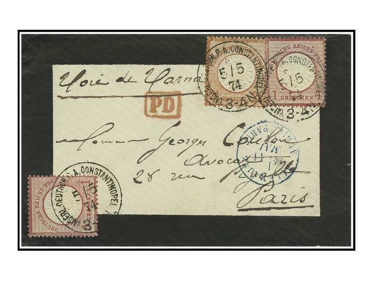 Großer Schild 1 Groschen rötlichkarmin, 2 Einzelwerte mit 2 ½ Groschen rötlichbraun mit sehr klarem EKr. "KAISERL. DEUTSCH. P