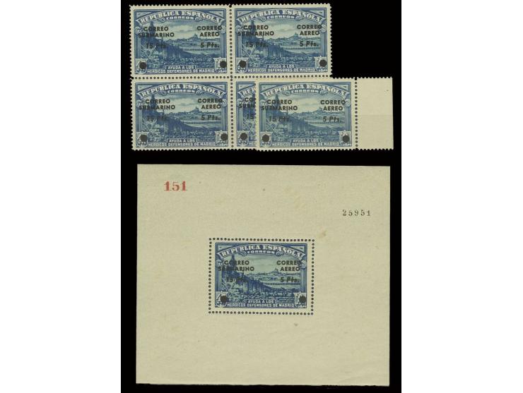 ditto, with additional overprint "CORREO SUBMARINO 15 Pts." on block of four, single with right sheet margin and souvenir she