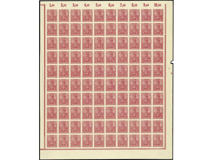 1900, Germania Reichspost 10 Pfennig dunkelkarminrot ungezähnt, vollständiger Bogen mit 100 Marken, postfrisch mit üblichen l