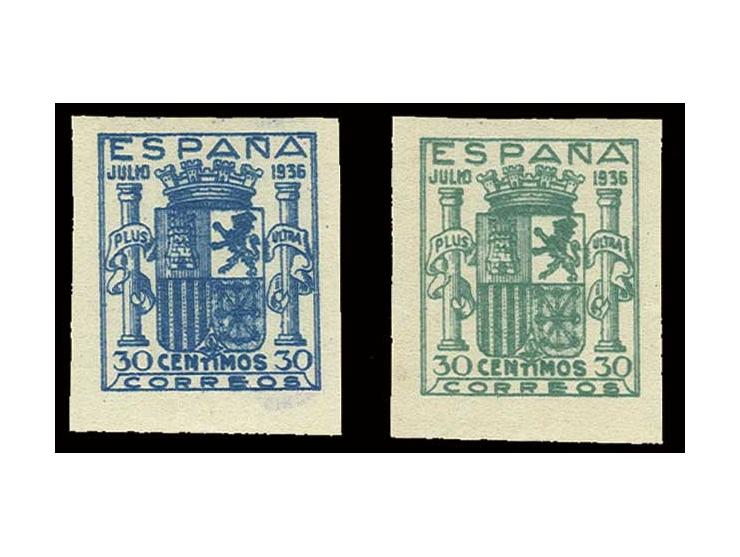 Estado Espanol: 1936, Coat of arms, 30 c. blue and green imperforated, unhinged mint, fine (Edifil.-no. NE56-57)