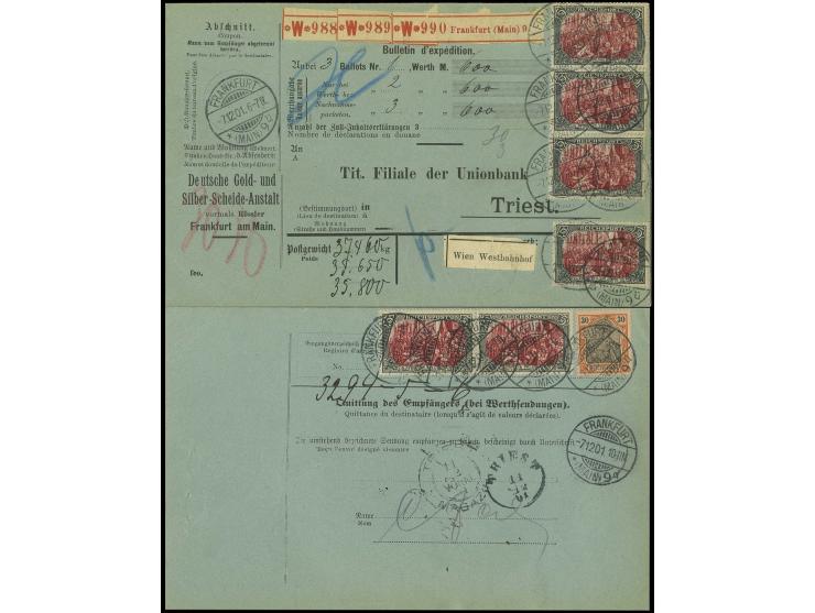 1900, Reichspost 5 Mark, je zwei Einzelwerte in Type I und Type IV vorderseitig auf Paketkarte mit rückseitig waagerechtem Pa