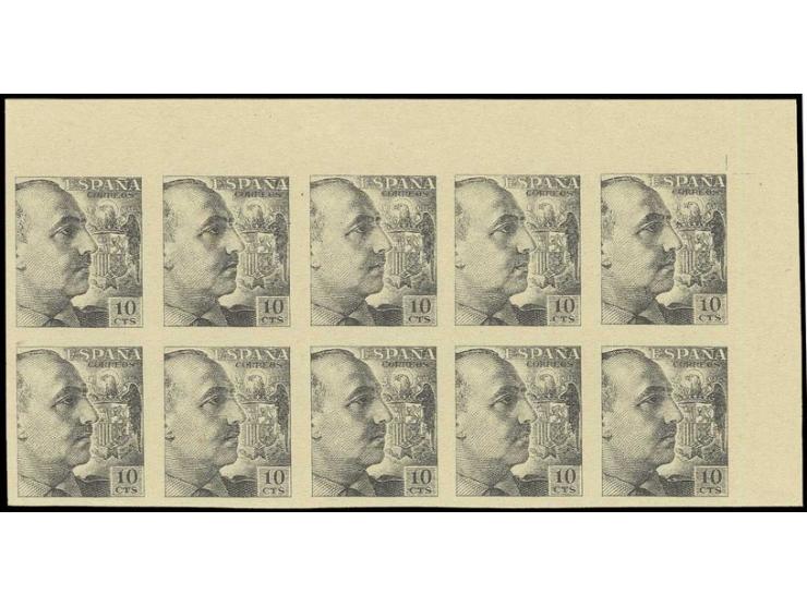 1939, General Franco 10 c., imperforated proof in black on ungummed paper, horizontal block of 10 from the upper right sheet 
