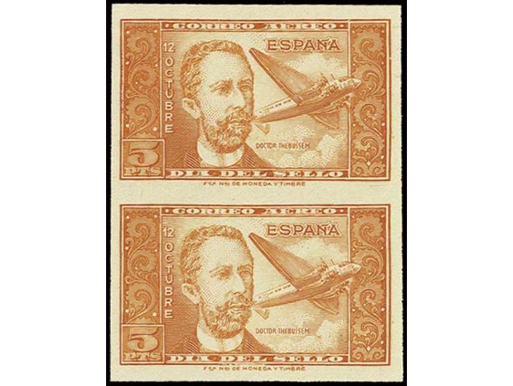 5 pts. in brownish orange, imperforated vertical pair, unhinged mint, fine and rare (Edifil no. 983cc)