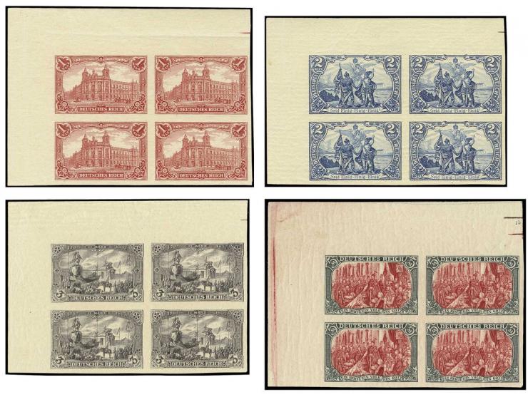 1902, Germania 1-5 Mark, dabei die 2 Mark mit lateinischer Inschrift, alle vier existierenden ungezähnten Werte komplett in 4