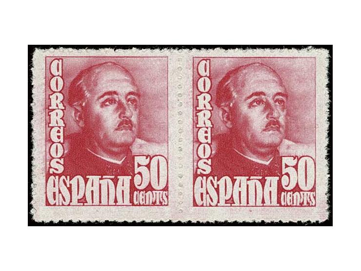 1948, General Franco 50 c., perforated proof in rose red, horizontal pair, unhinged mint, opinion Grau (Edifil no. 1022cca)