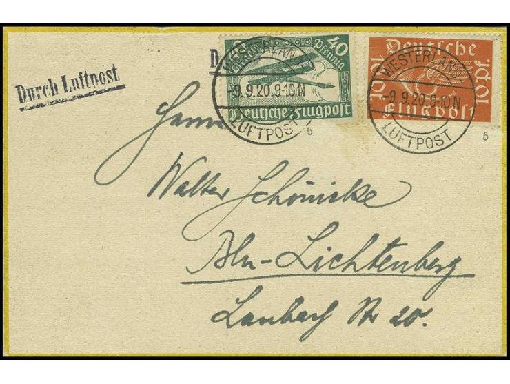 1919, Flugpost 40 Pfennig blassgrün zusammen mit 10 Pfennig bräunlichorange mit Stempel "WESTERLAND LUFTPOST 9.9.20" auf Kart