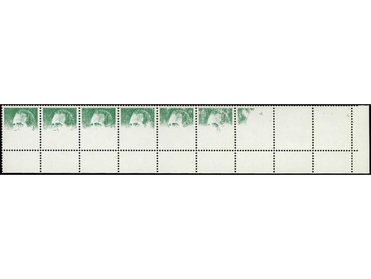 1985, Juan Carlos 45 pts., horizontal strip of 9 from the lower right sheet margin, 7 stamps with partial print, 2 stamps wit