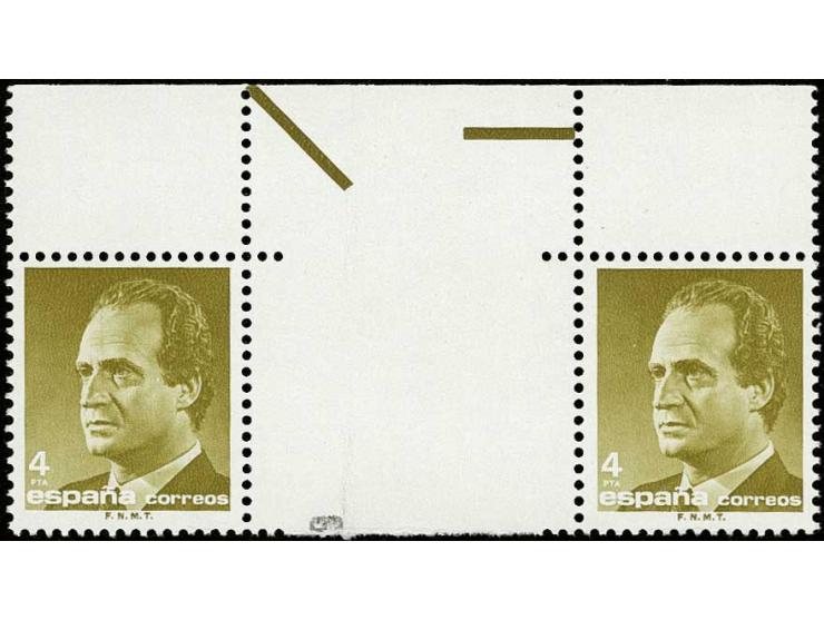 1986, Juan Carlos 4 pts., horizontal gutter pair from the top sheet margin, unhinged mint, a rare variety