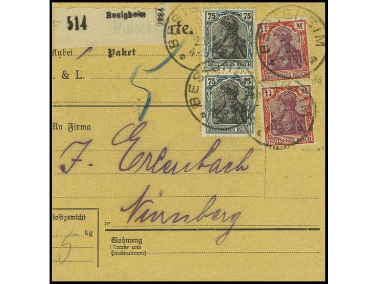 1920/21, Germania 1 ¼ Mark mit Wasserzeichen 'Kreuzblüten', 2 Einzelwerte mit Zufrankatur portogerecht auf Paketkarte von "BE