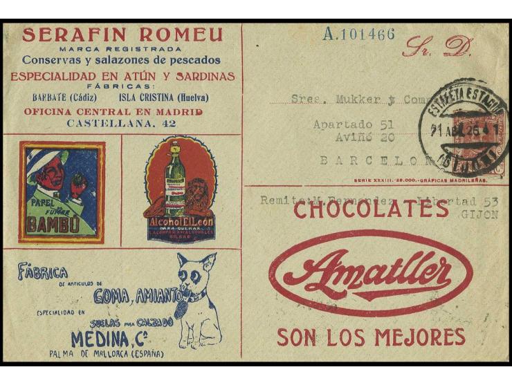 POSTAL STATIONARY: 1926, Alfons XIII. 15 C. private-postal stationery cover with commercial in front and reverse tied by "GIJ