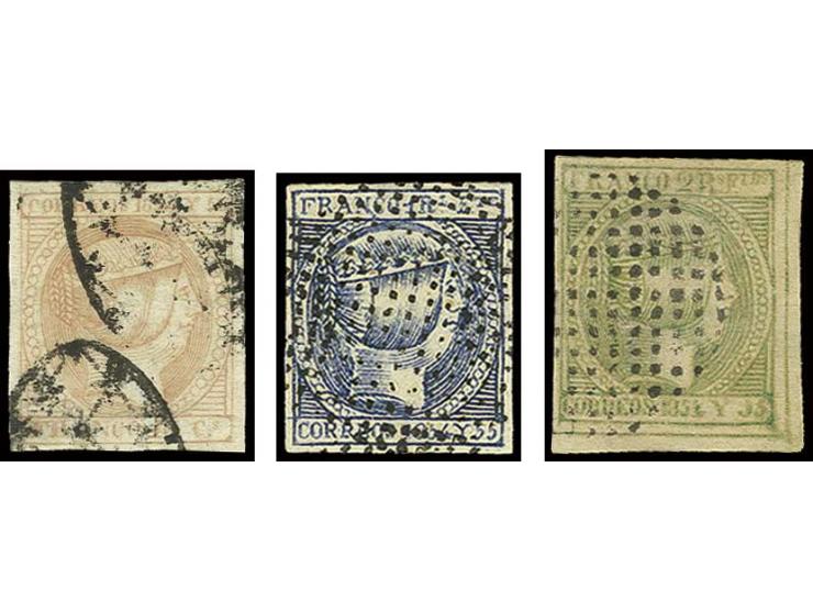 1854, 10 c. rose, 1 r. darkblue and 2 r. green, the latter from the lower right sheetcorner (some lines in design painted in 