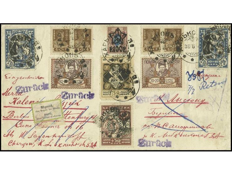 1923, Charity stamps 10-150 k. with additional franking tied by cds. "KHARKOV  30 6 23" to returned registered envelope to Be