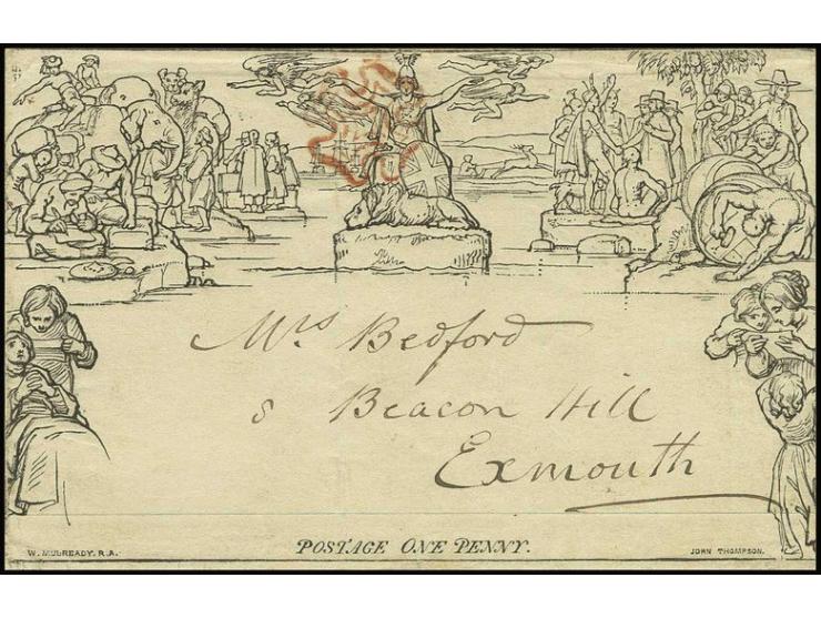 1840, Mulready letter sheet 1 d. black, sterero A 17, used with red MC to Exmouth, reverse "BATH MAY 23 1840" datestamp, very