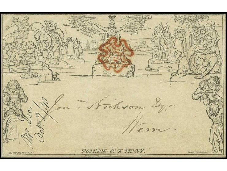 Mulready letter sheet 1 d. black, used with red MC, on reverse despatch  "HALLCHURCH-SALON 2 OC. 1840", fine
