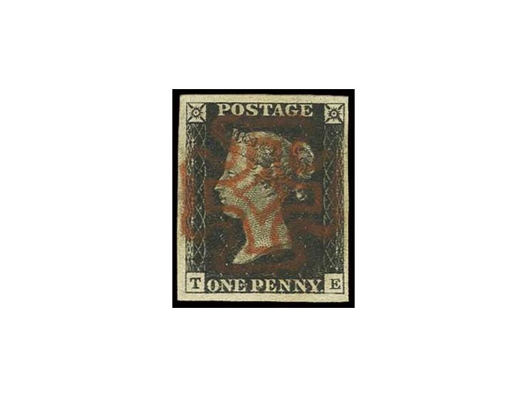 1 d. intense black, plate 1b, TE, good to wide margins all round, clear orange-red MC, extremely fine, certificate Louis BPP