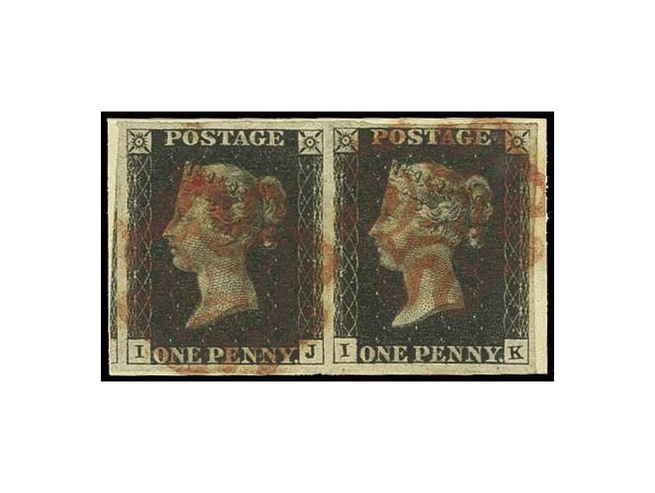 1 d. black, plate 6,  horizontal pair with good to wide  margins and part of adjoining stamp at left tied by red MC to small 