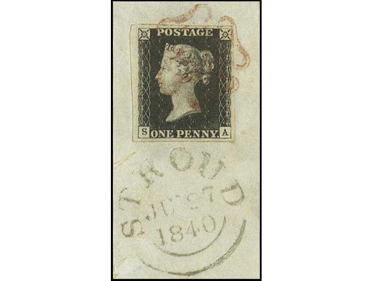 1 d. black, plate 4, SA, good to wide margins all round, tied by red MC to piece with adjacent "STROUD JU 27 1840", fine, sig