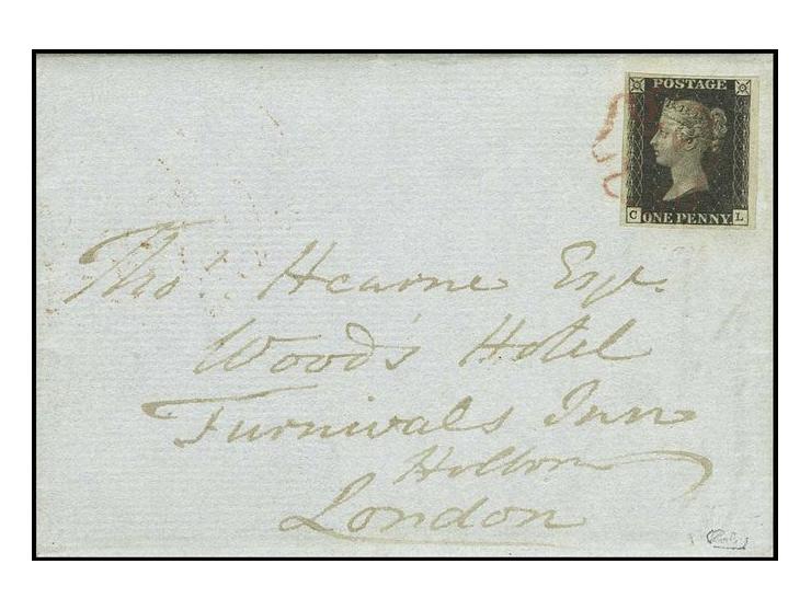 1 d. black, plate 8, CL, three sides good margins and sheet margin at right  tied  by red MC to folded letter to London, sign
