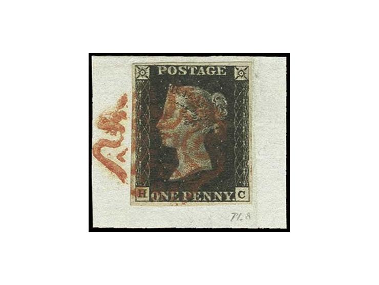 1 d. black, plate 8, HC, guide line in upper right corner, good to wide   margins all round,  tied by red MC to piece, fine, 