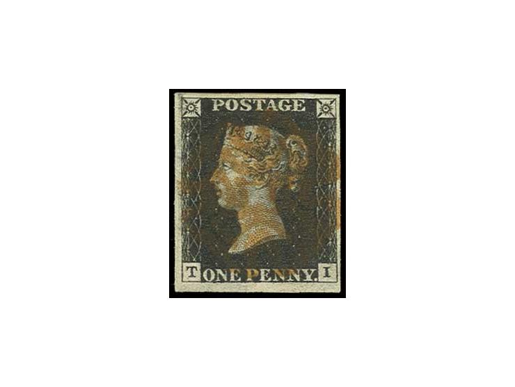 1 d. black, plate 8, TI, good to large margins all round, with central red MC, at bottom two horizontal watermark lines, extr