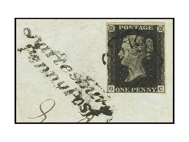 1 d. black, plate 10, GC, good margins all around, tied  by black MC to piece with scarce adjacent "SHAFTESBURY PENNY POST", 