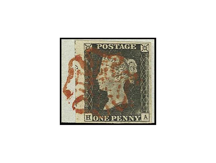 1 d. grey-black, plate 1A, HA, three wide margins and 3mm sheet margin and small part of sheet inscription at left, tied by c