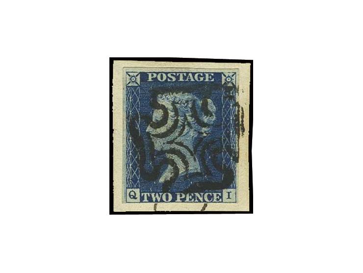 2 d. deep full blue, plate 1, QI, clear at bottom, otherwise good to wide margins, tied by clear black MC to small piece, ver