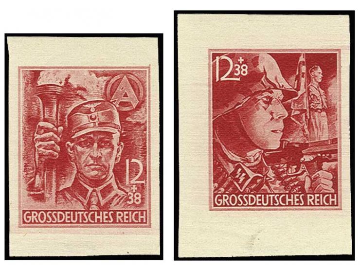 1945, SA/SS 12+38 Pfennig, breitrandig ungezähnte Probedrucke in karminrot, postfrisch, nur zwei weitere Sätze bekannt, sign.