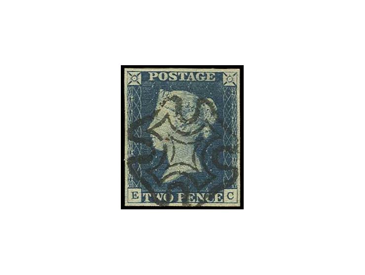2 d. blue, plate 1, EC, good margins all round, central clear black MC, very fine, signed Georg Bühler and Louis BPP certific