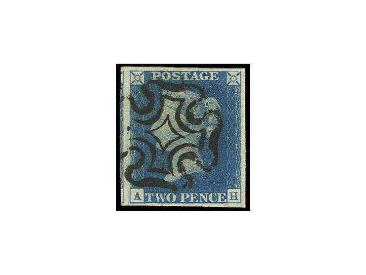 2 d. blue, plate 2, AH, three wide margins and with part of adjoining stamp at left, with  clear black MC, extremely fine, si