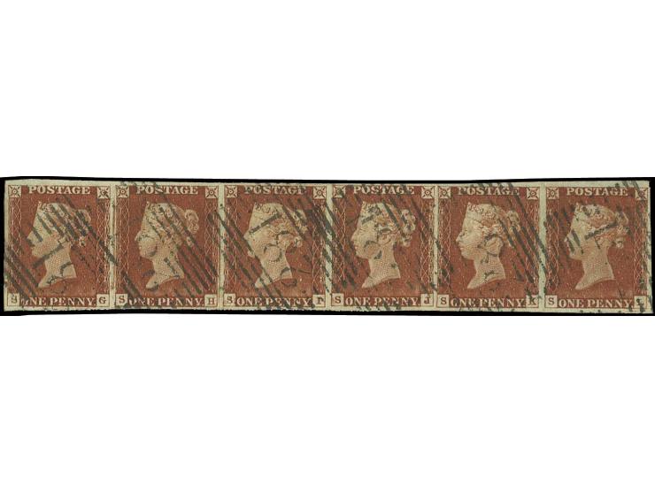 1 d. red-brown, plate 54, SG-SL, horizontal strip of six with good margins all round, all with numeral "281" of Peterhead, Sc
