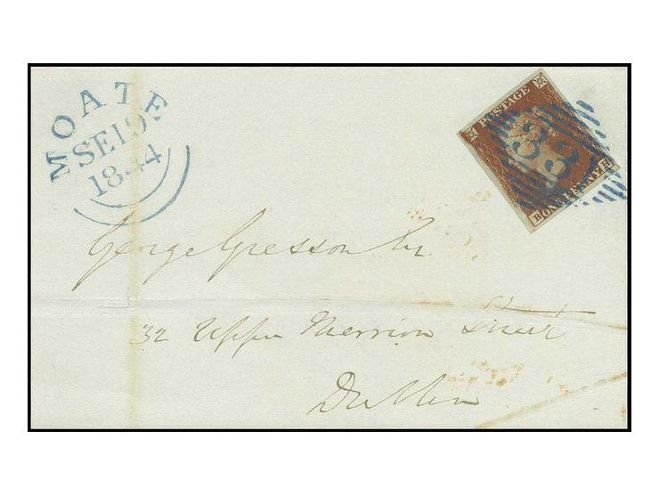 1 d. red-brown, BH, large margins all round tied by blue "33" to folded cover (reduced in size) with adjacent "MOATE SE 19 18