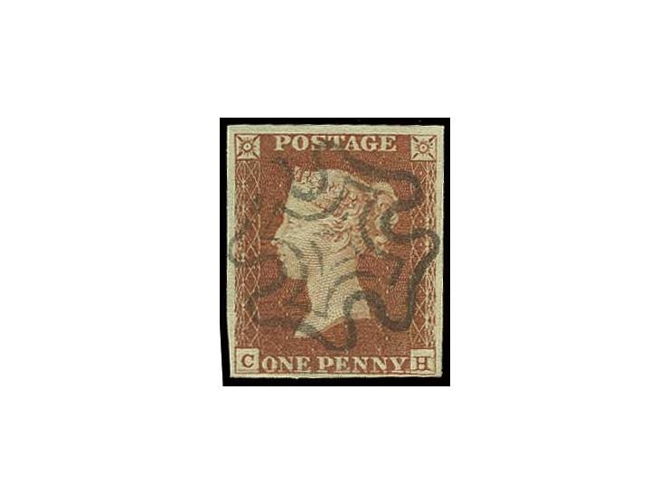 1 d. red-brown, CH,good margins all round with clear black MC, with double guide line from "C" through value till "H", signed