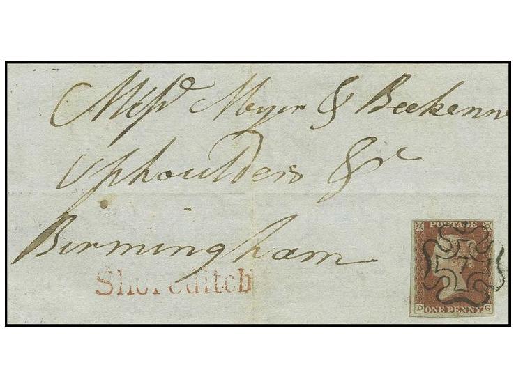 1 d. red-brown, DG, good margins all round, tied by black MC "7" to  cover front with one backflap, fine, signed Pröschold BP
