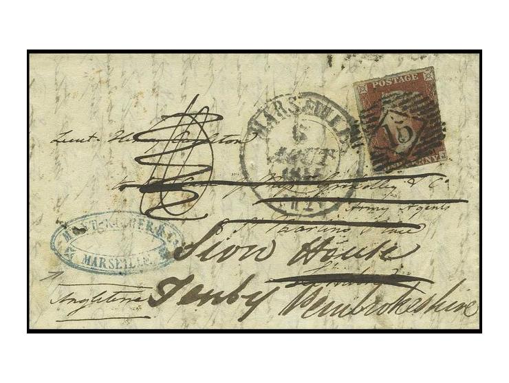 1 d. brown red, tied by "15" to entire unpaid letter from "Marseille 6 AOUT 1842" to London and redirected to Tenby