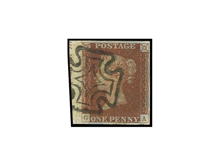 1 d. deep red-brown, GA, three sides with good margins  and sheet margin at left with partial inscription, with clear local M