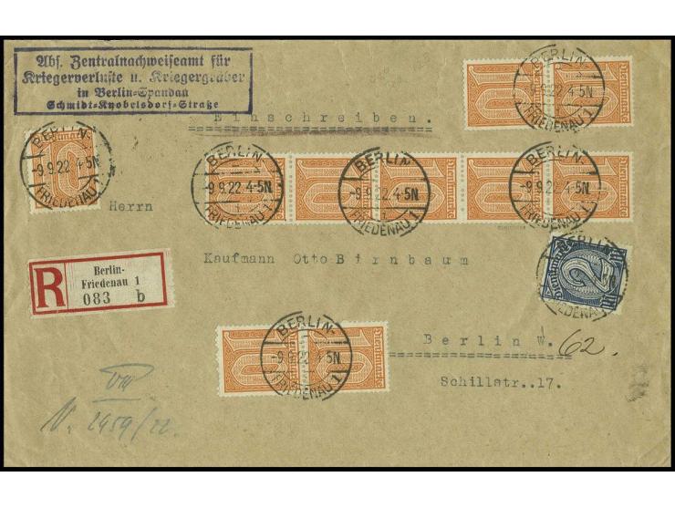 DIENSTMARKEN: 1921, 10 Pfennig dunkelorange, senkrechter 5er-Streifen zwei Paare und Einzelstück zusammen mit 2 Mark von &bdq