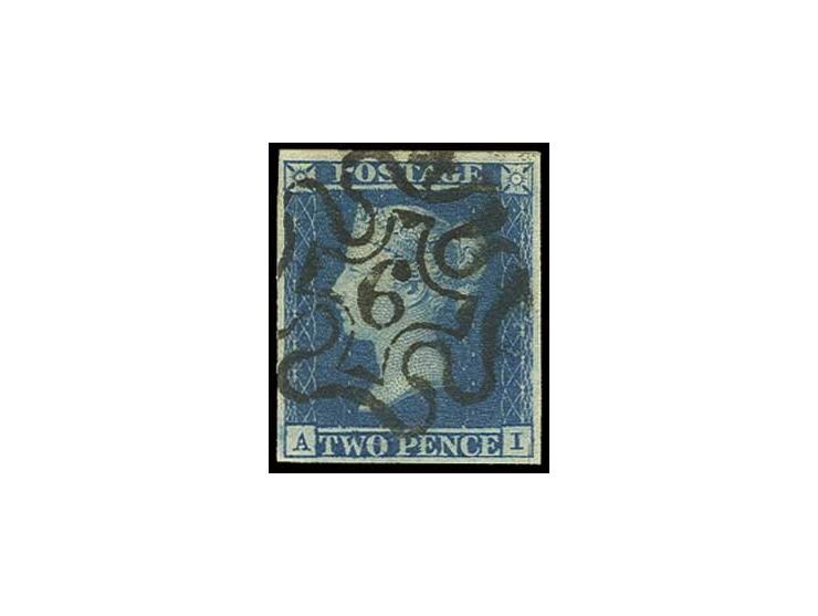 1841/51, white line added: 2 d. blue, AI, large margins all round with clear black MC "6" and guide line in upper right corne