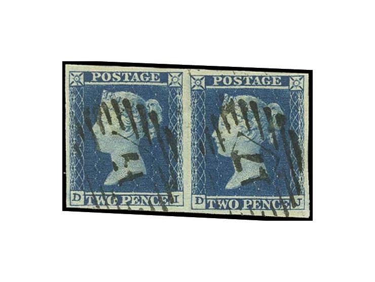 2 d. blue, plate 4, horizontal pair DI/DJ, deep colour, large margins, cancelled by oval "17" of London, very fine, signed Pr