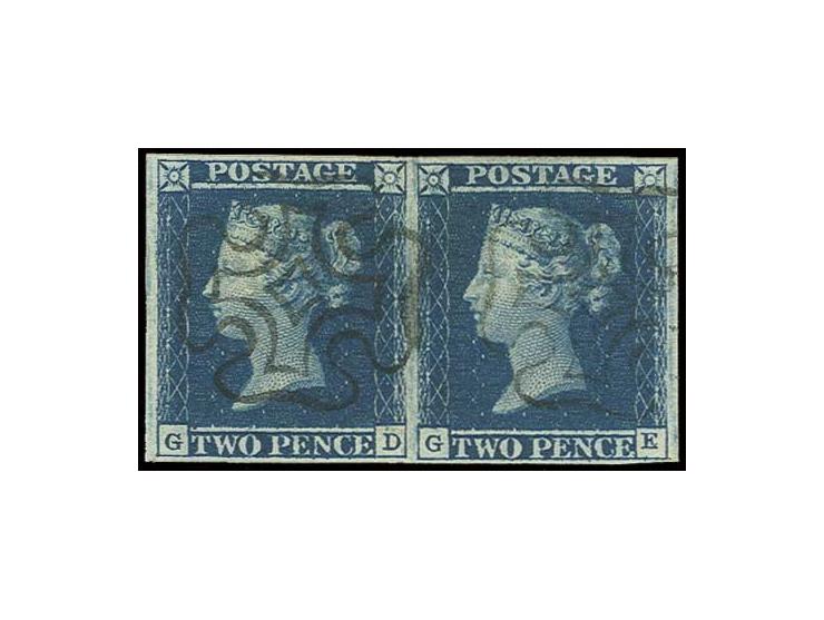 2 d. blue, GD-GE, horizontal pair with large margins all round with clear black scottish type MC, signed Pröschold, Bühler BP