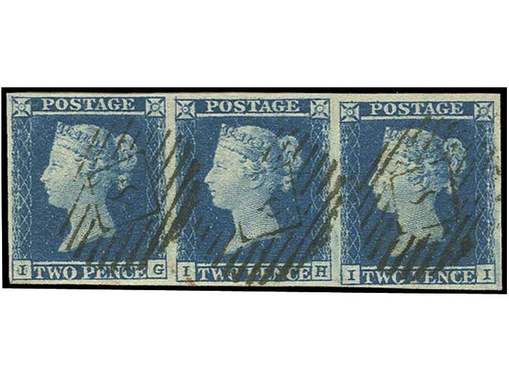 2 d. blue, plate 4, horizontal strip of 3, IG-II, wide margins, cancelled by clear numeral "8", very fine, signed Pröschold B