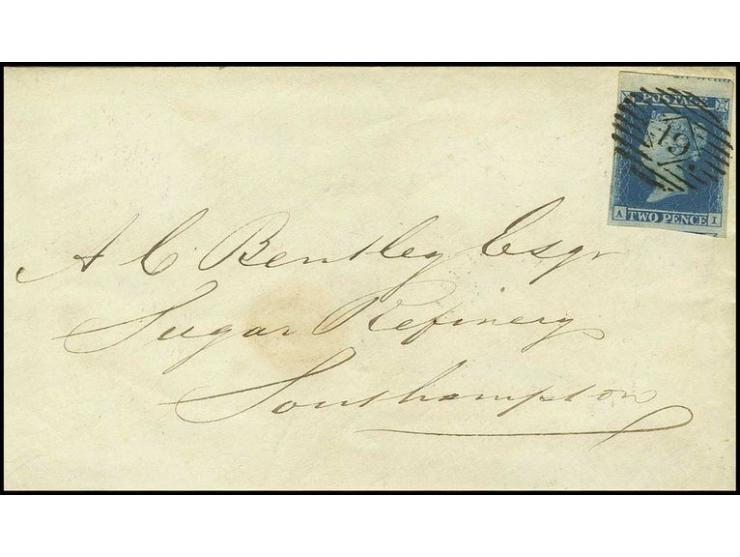 2 d. blue, AI, from upper sheet margin with small part of inscription and part of adjoining stamp at bottom, tied by numeral 